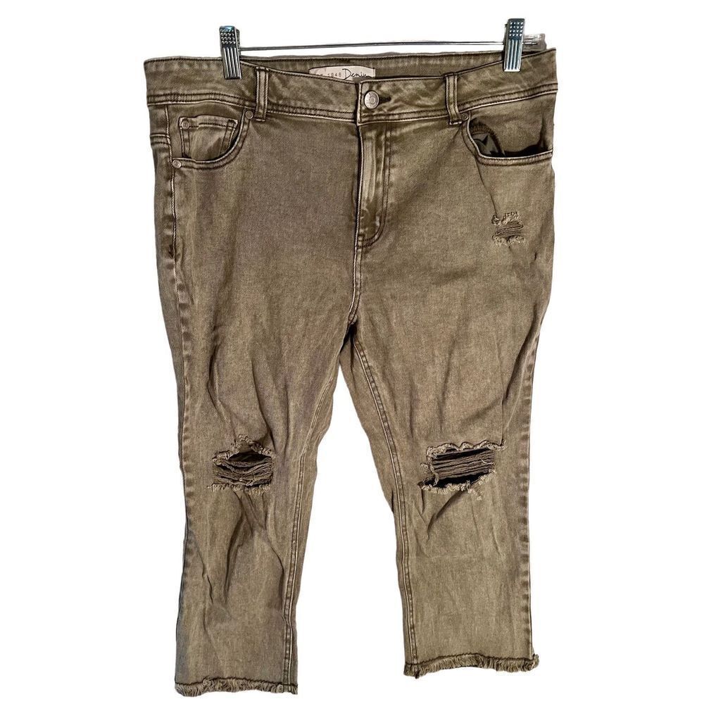 Denim & Co Distressed Cropped Curvy Jeans Olive/Tan Wash Size 12